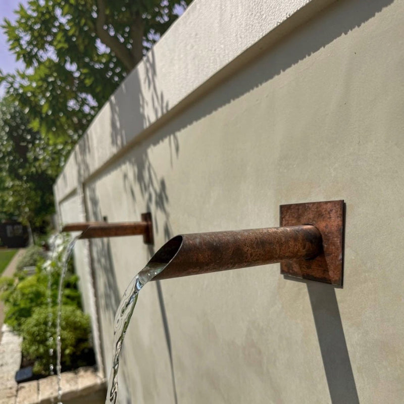 28mm Copper Water Spout with Wall Plate - 230mm - installed garden feature