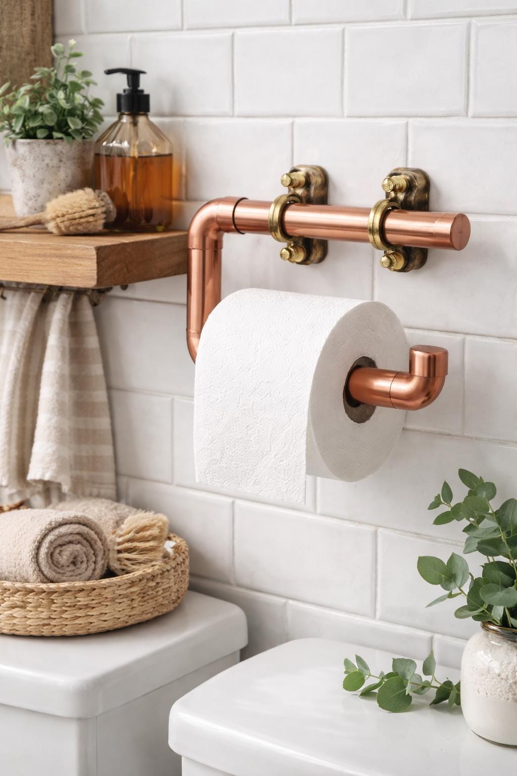 Handmade Copper Toilet Paper Holder , Industrial Pipe Toilet Roll Holder ,Rustic Bathroom Wall Mount , Solid Copper Bathroom Hardware