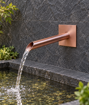 22mm Copper Water Spout with Wall Plate - 200mm - installed garden feature