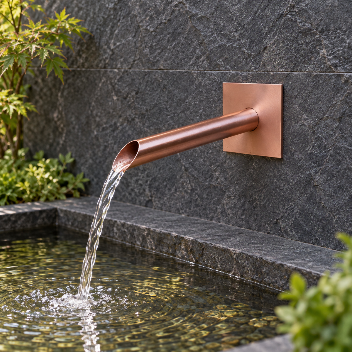 22mm Copper Water Spout with Wall Plate - 200mm - installed garden feature