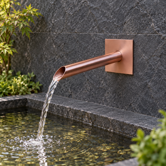 22mm Copper Water Spout with Wall Plate - 200mm - installed garden feature