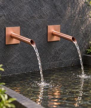 Set of 2 22mm Copper Water Spouts - 200mm - installed garden feature