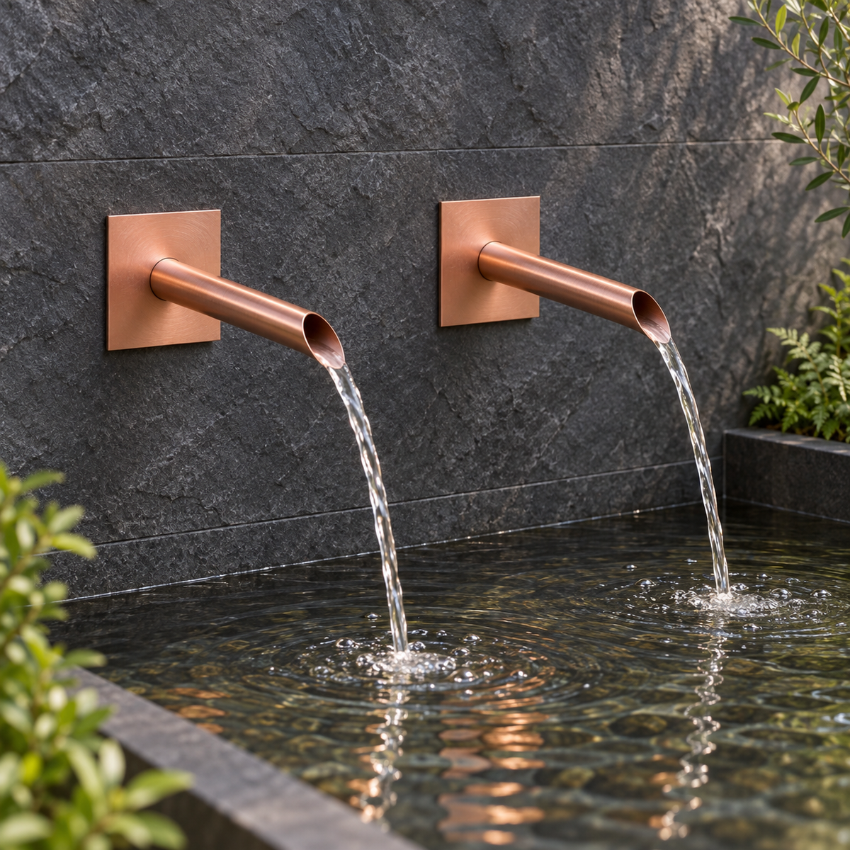 Set of 2 22mm Copper Water Spouts - 200mm - installed garden feature