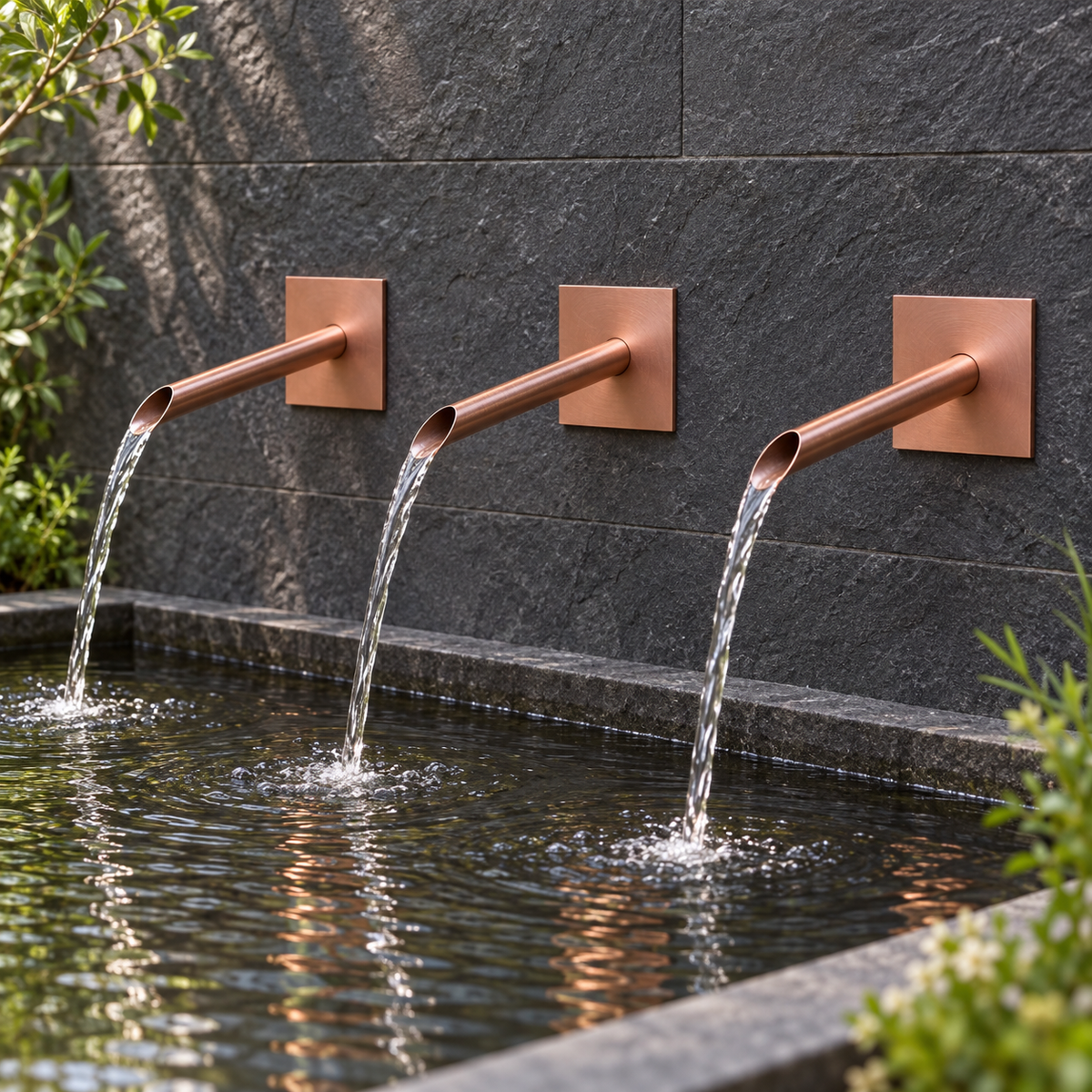 Set of 3 22mm Copper Water Spouts - 200mm - installed garden feature