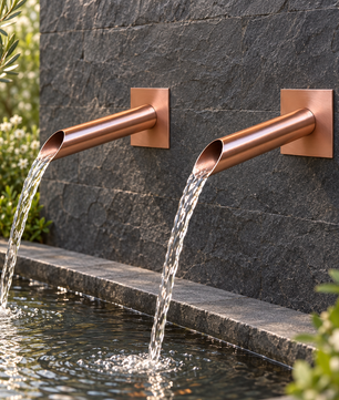 Set of 2 28mm Copper Water Spouts - 230mm - installed garden feature