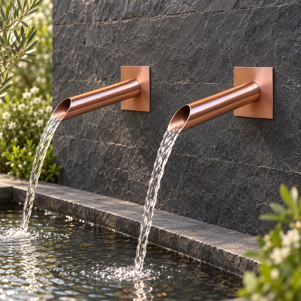 Set of 2 28mm Copper Water Spouts - 230mm - installed garden feature