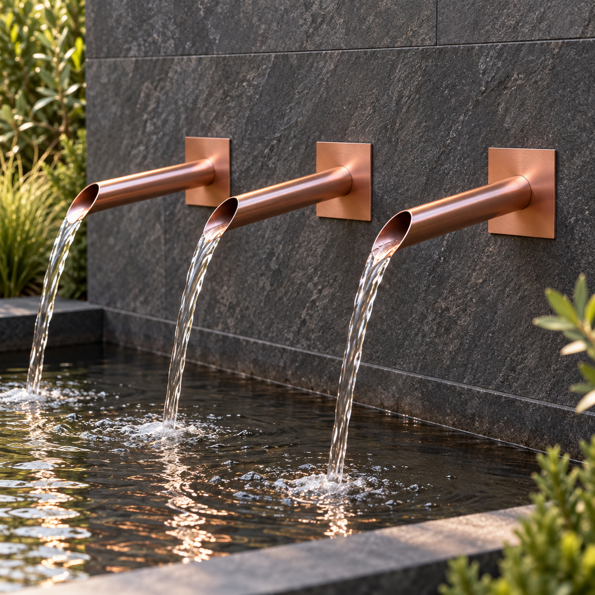 Set of 3 28mm Copper Water Spouts - 230mm - installed garden feature