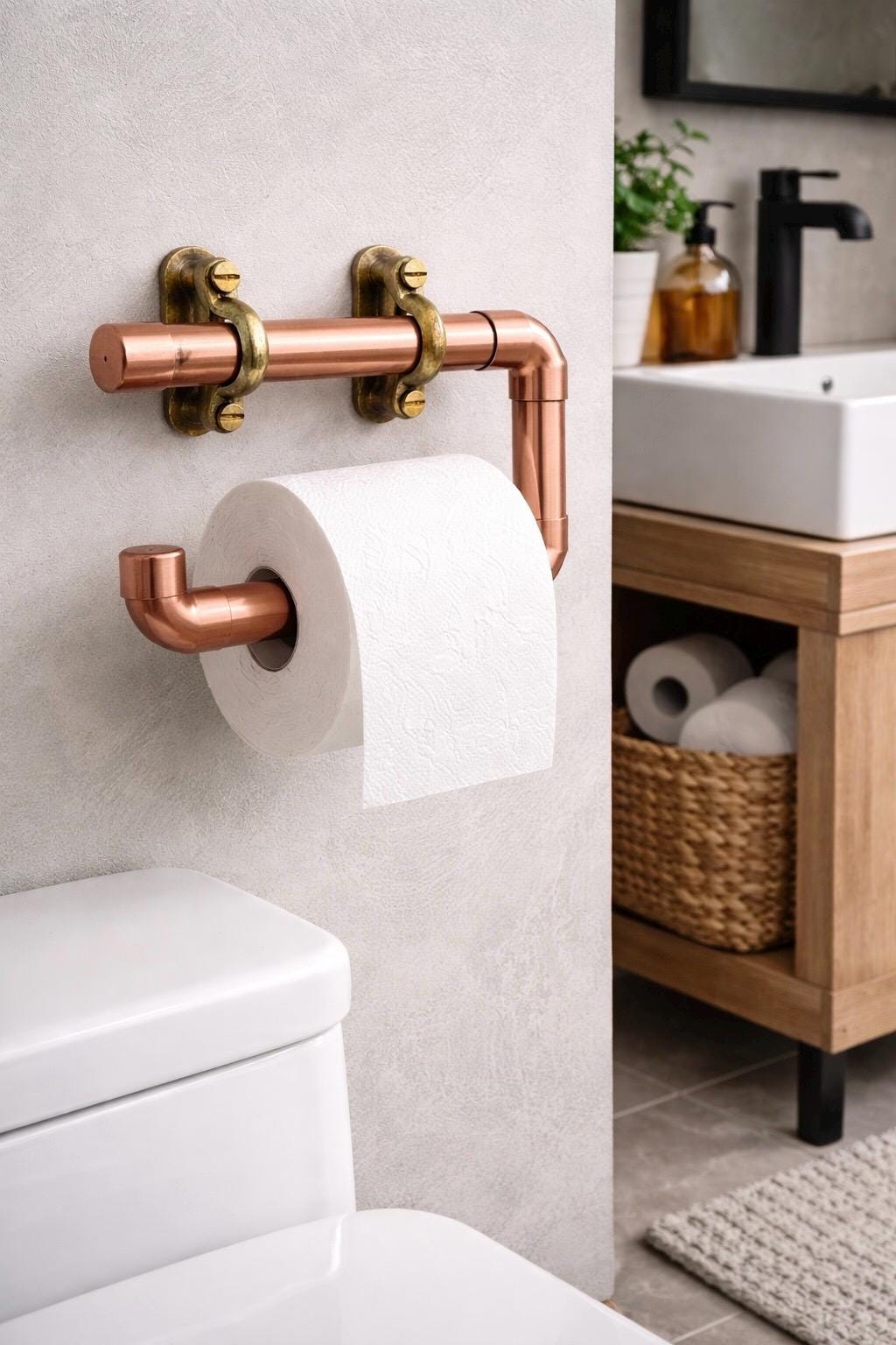 Handmade Copper Toilet Paper Holder , Industrial Pipe Toilet Roll Holder ,Rustic Bathroom Wall Mount , Solid Copper Bathroom Hardware