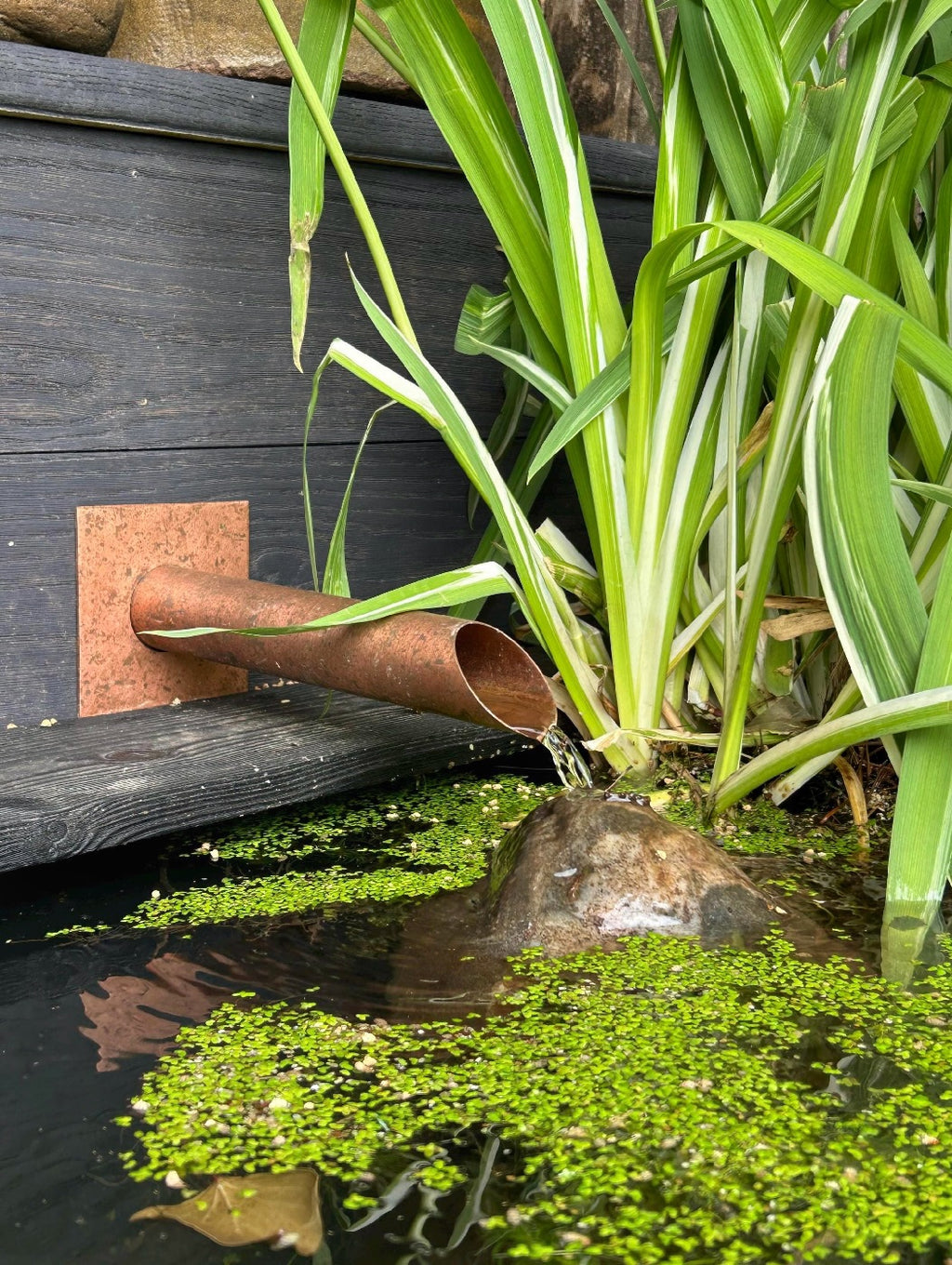 Handmade 42mm copper water spout installed on a wall