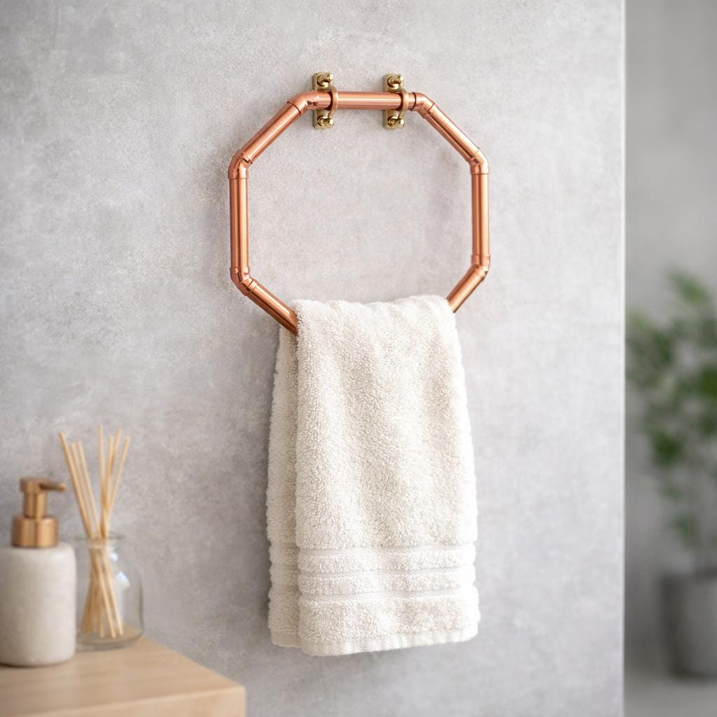 Handmade Octagon Copper Towel Ring, Industrial Geometric Bathroom Towel Holder, Minimalist and Modern Solid Copper Wall Mounted Towel Hanger