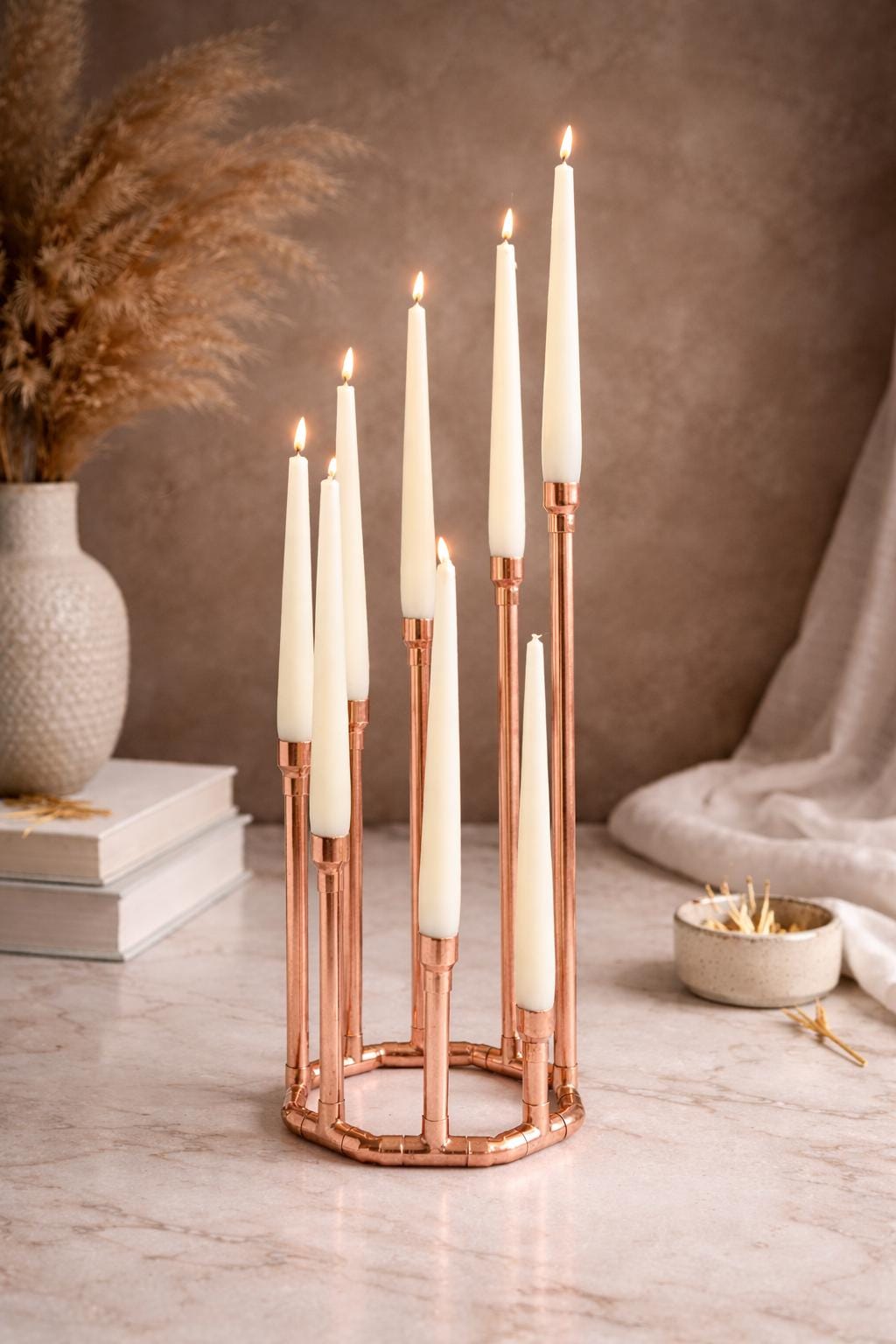 Handmade Copper Candle Holder | Geometric Copper Candelabra | Modern Taper Candle Centrepiece for Dining Tables