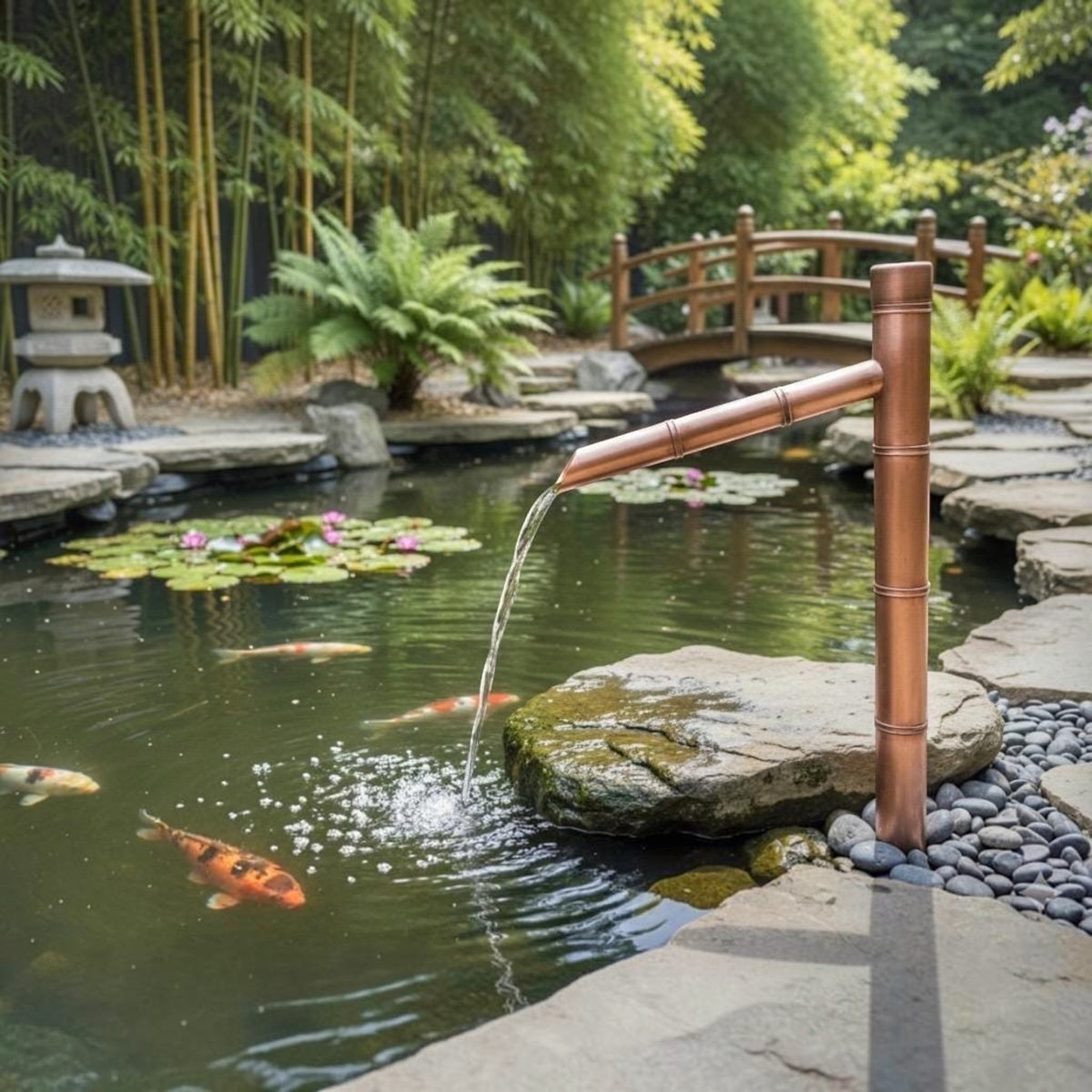 70cm Copper Japanese Sozu Water Feature - installed garden feature