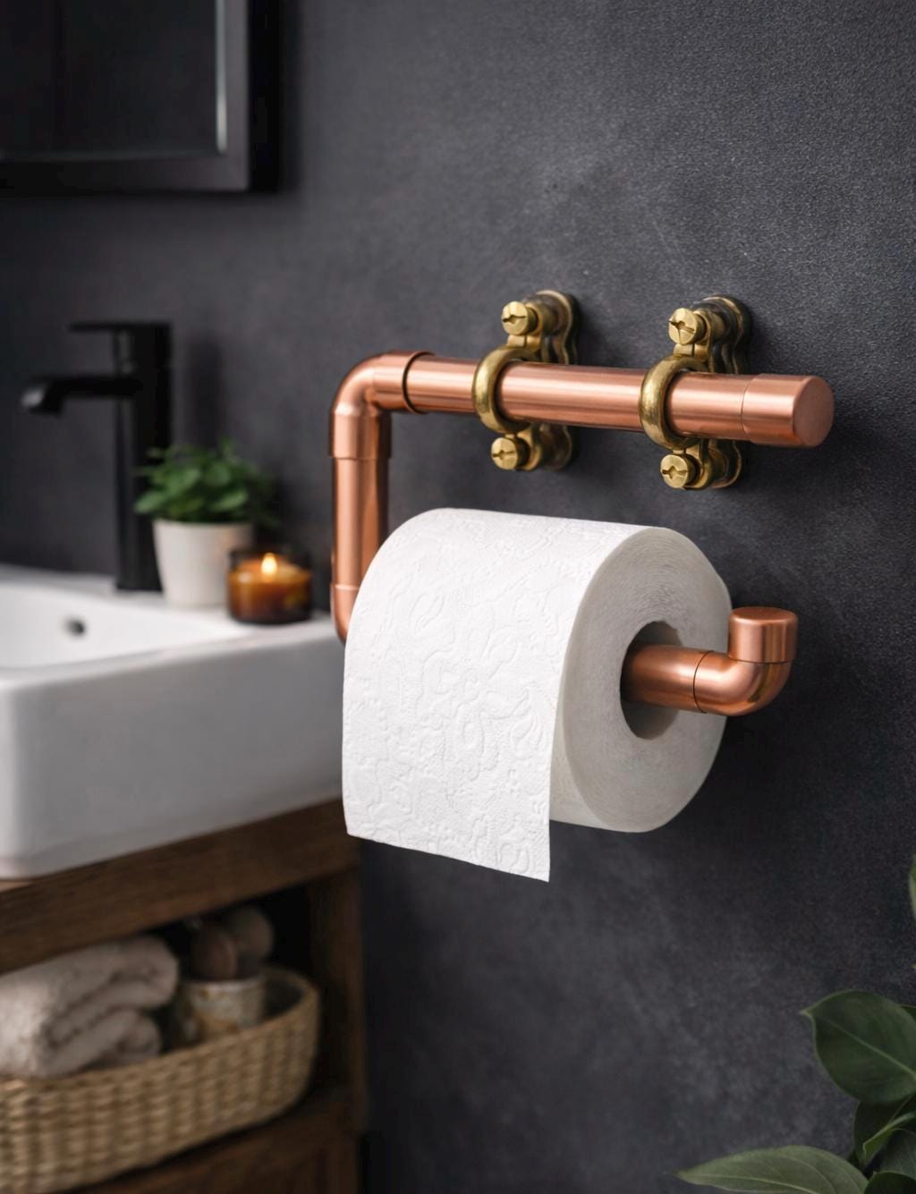 Handmade Copper Toilet Paper Holder , Industrial Pipe Toilet Roll Holder ,Rustic Bathroom Wall Mount , Solid Copper Bathroom Hardware