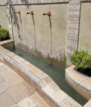 35mm Copper Water Spout with Wall Plate - 230mm - installed garden feature