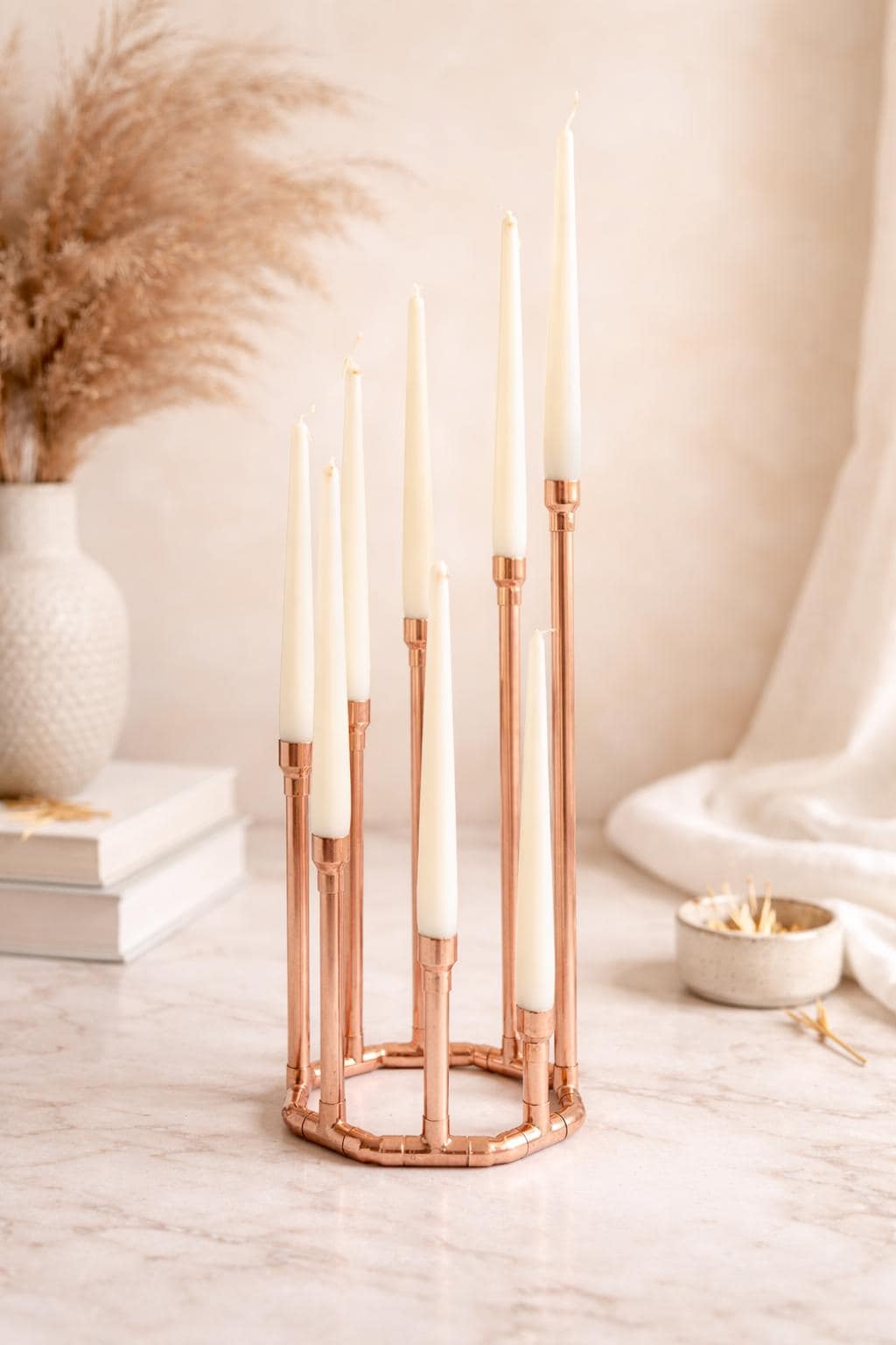 Handmade Copper Candle Holder, Geometric Octagon Candelabra, Modern Taper Candle Centerpiece, Unique Dining Table Decor