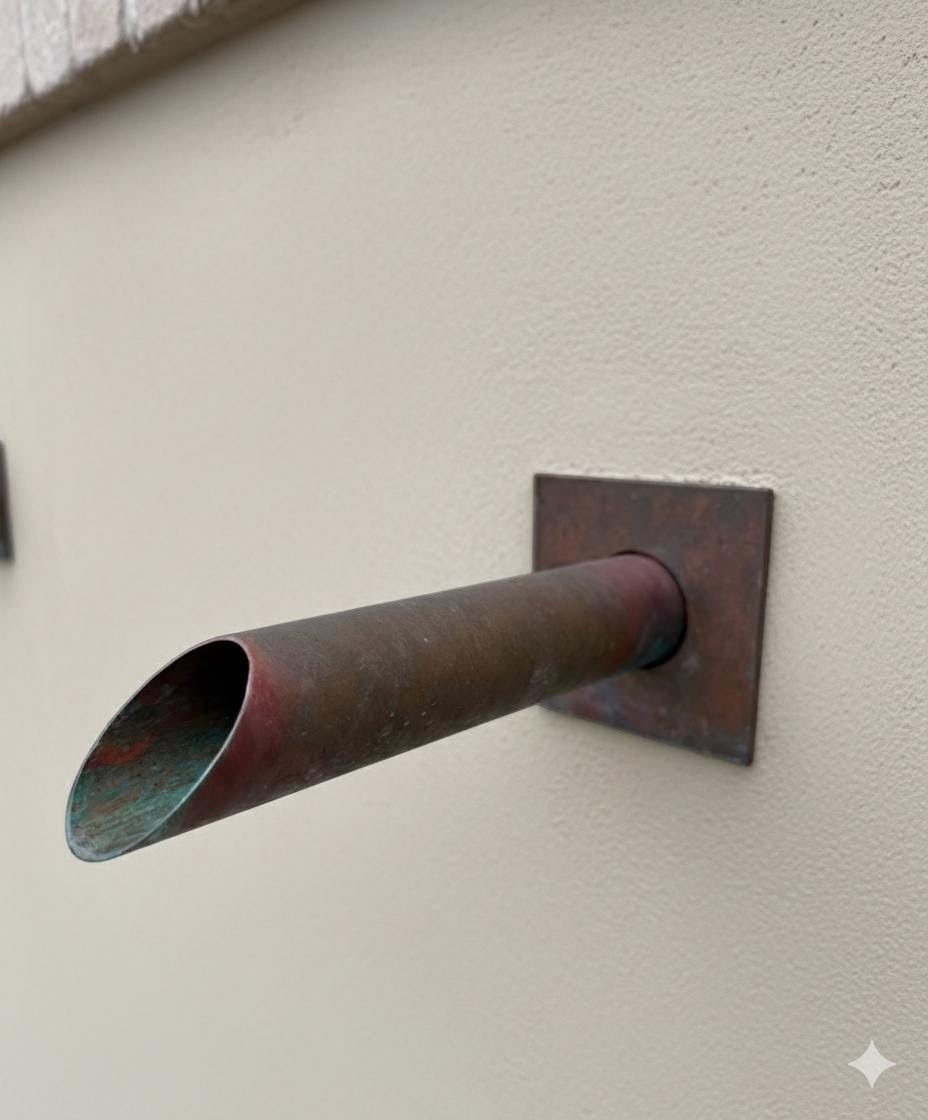 Three copper water feature spouts with matching wall plates
