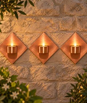 Set of 3 Handmade Copper Diamond Tea Light Holders - installed garden feature