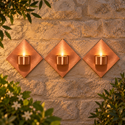 Set of 3 Handmade Copper Diamond Tea Light Holders - installed garden feature