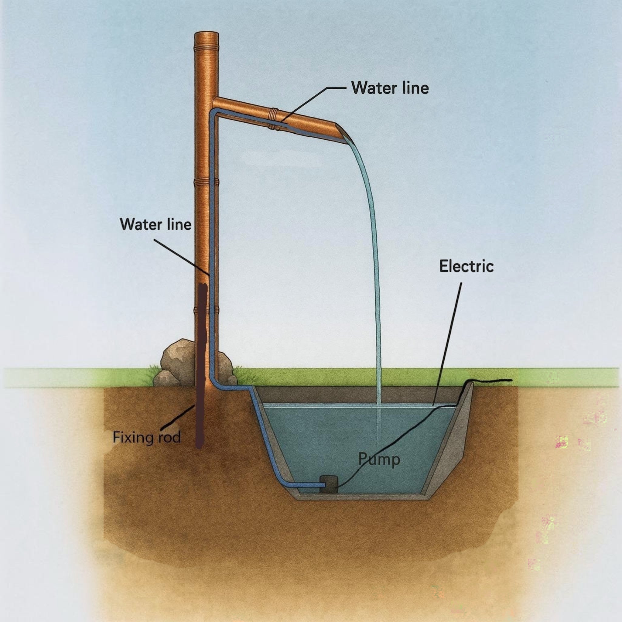 Japanese-inspired copper water spout for a garden pond