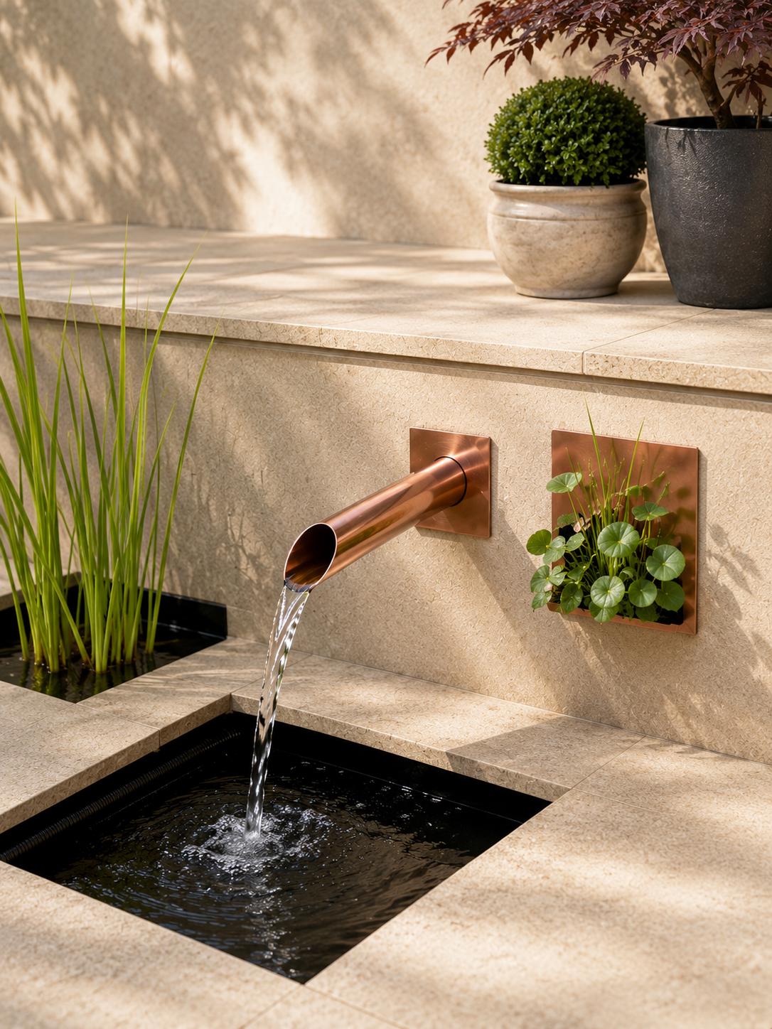 42mm Copper Water Spout Sleeve for Existing Pond Pipe | Zen Garden Water Feature | Wall Mounted Fountain | 240mm Projection & Wall Plate