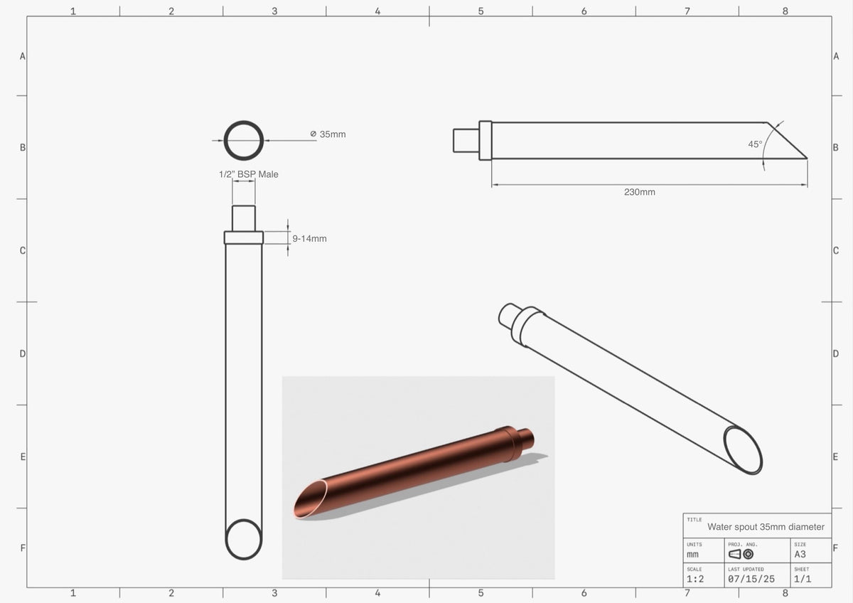 Set of 2 35mm Copper Water Spouts - 230mm - side view
