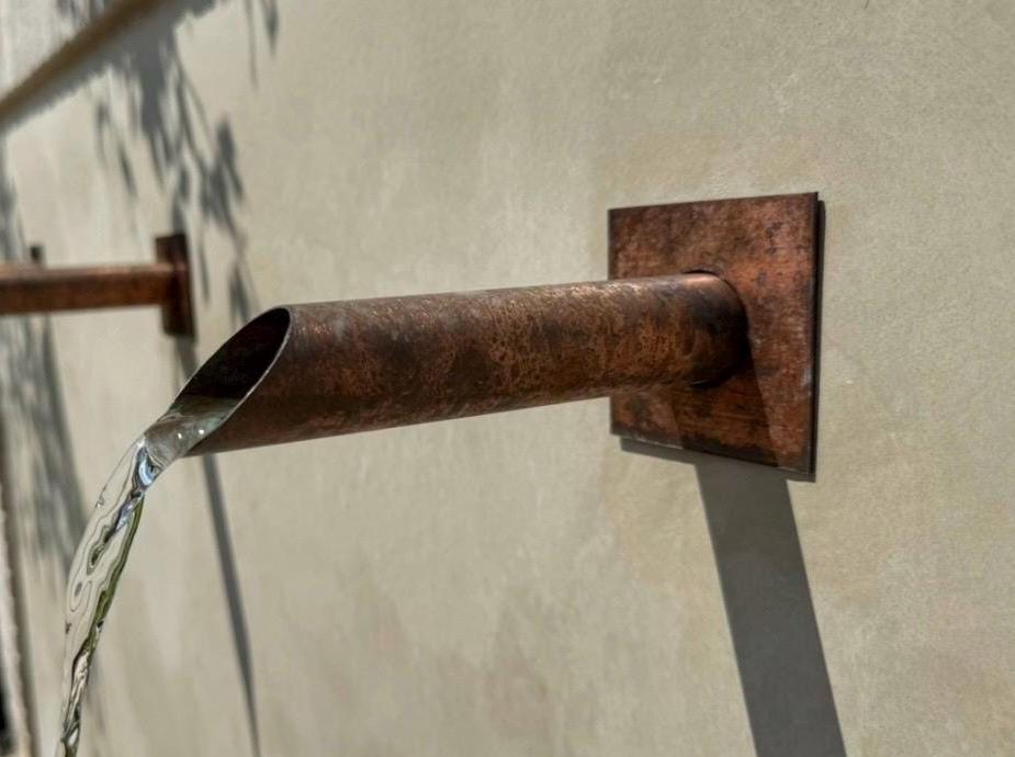 Set of 2 42mm Copper Water Spouts - 240mm - installed garden feature