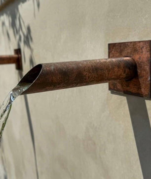 Set of 2 35mm Copper Water Spouts - 230mm - installed garden feature