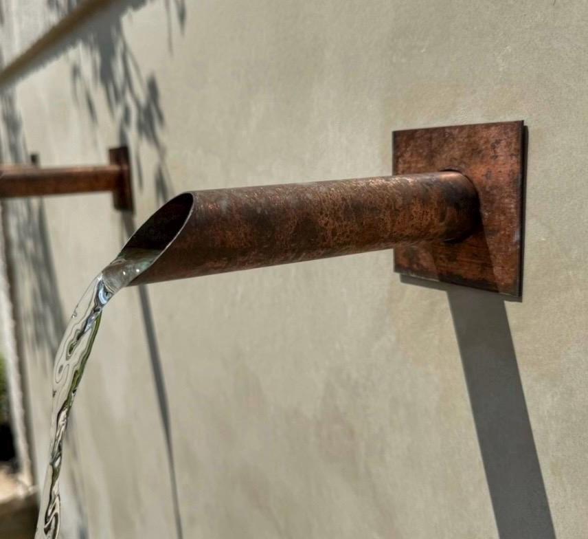 Set of 2 35mm Copper Water Spouts - 230mm - installed garden feature