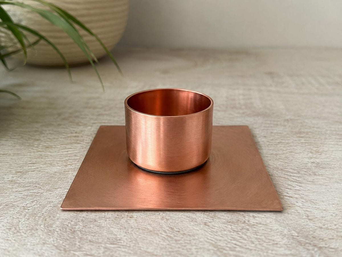 Handmade Copper Tea Light Holder - Freestanding - wall plate detail
