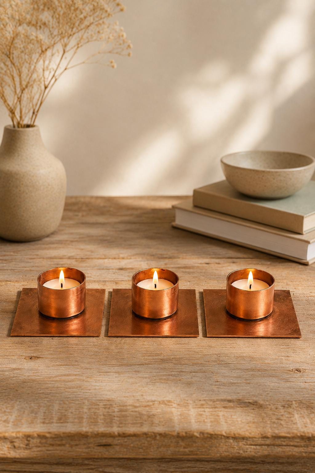 Set of 3 Handmade Copper Tea Light Holders - product view