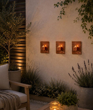 Set of 3 Copper Wall-Mounted Tea Light Holders - installed garden feature