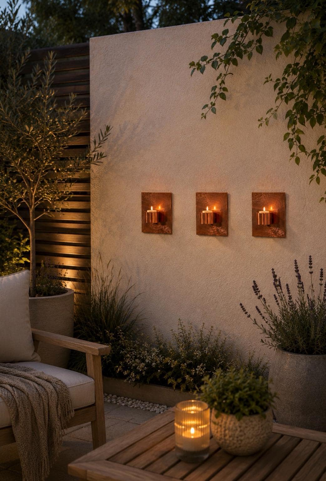 Set of 3 Copper Wall-Mounted Tea Light Holders - installed garden feature