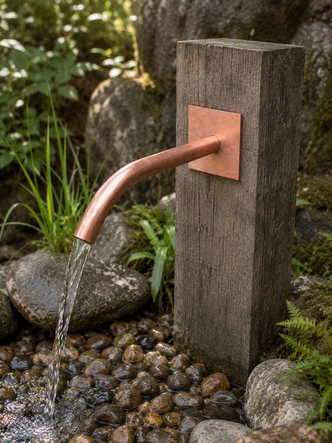22mm Curved Copper Water Spout - 250mm - copper finish detail