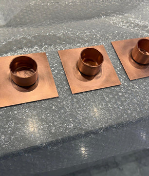 Set of 3 Handmade Copper Tea Light Holders - wall plate detail