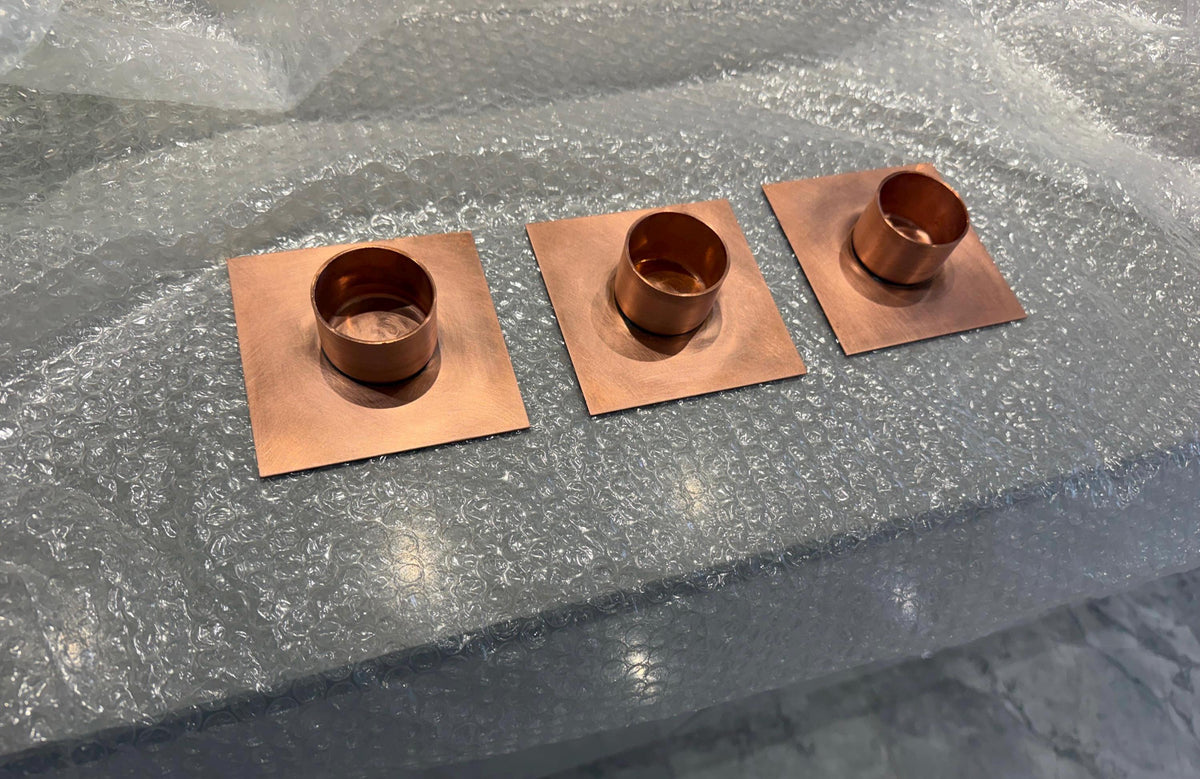Set of 3 Handmade Copper Tea Light Holders - wall plate detail