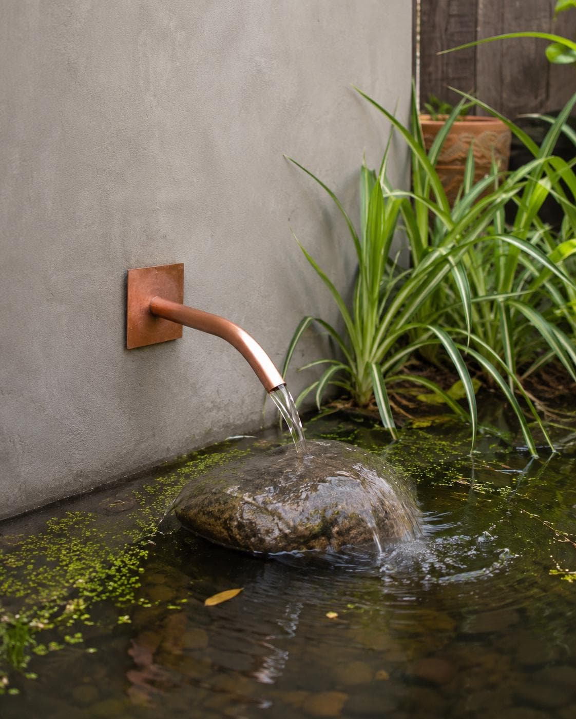 22mm Curved Copper Water Spout - 250mm - installed garden feature
