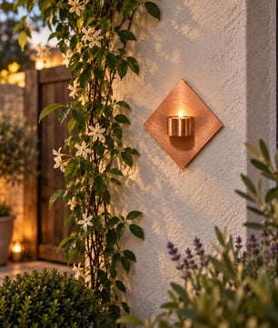 Handmade Copper Diamond Tea Light Holder - installed garden feature