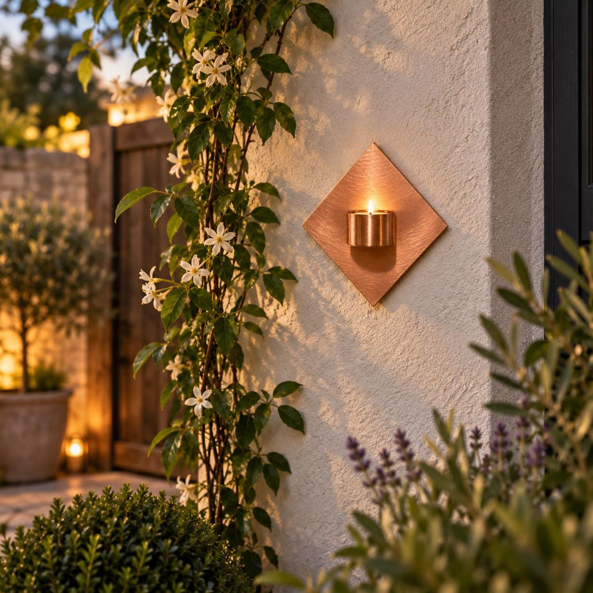 Handmade Copper Diamond Tea Light Holder - installed garden feature