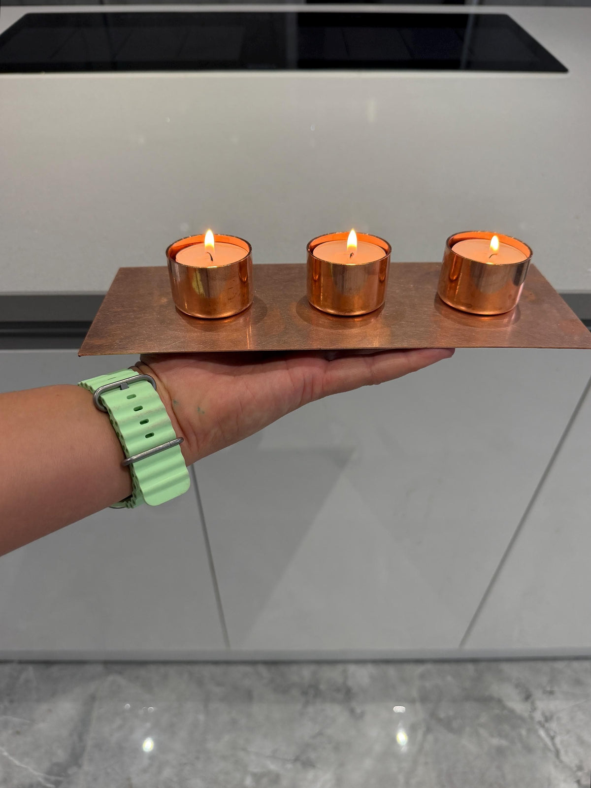 Handmade Copper 3-Candle Tea Light Holder - side view