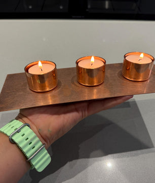 Handmade Copper 3-Candle Tea Light Holder - wall plate detail