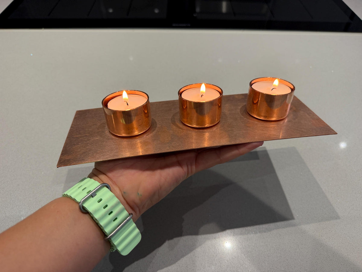 Handmade Copper 3-Candle Tea Light Holder - wall plate detail