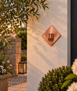Handmade Copper Diamond Tea Light Holder - wall plate detail
