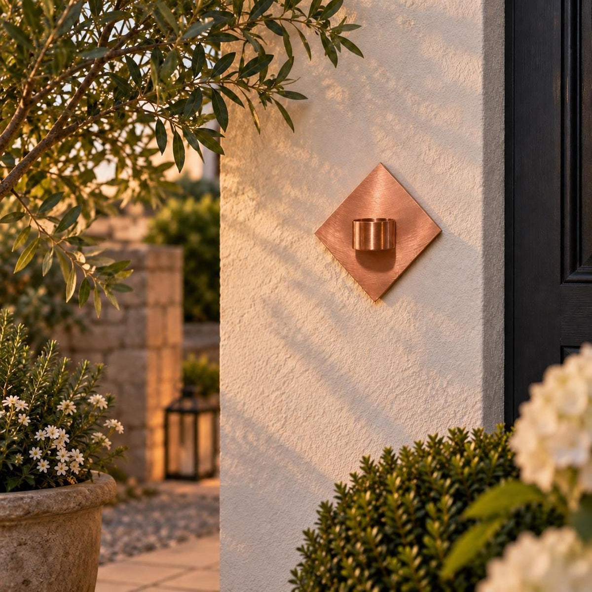 Handmade Copper Diamond Tea Light Holder - wall plate detail