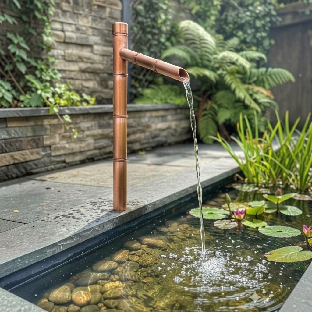 Spoutcraft Studio 70cm copper Japanese water spout, Sozu style, floor-mounted, handmade garden water feature.